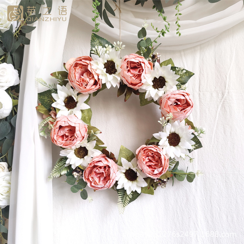 亞馬遜仿真絹布牡丹門飾婚禮門楣花攝影婚慶燭臺花環(huán)絹花粉色掛飾