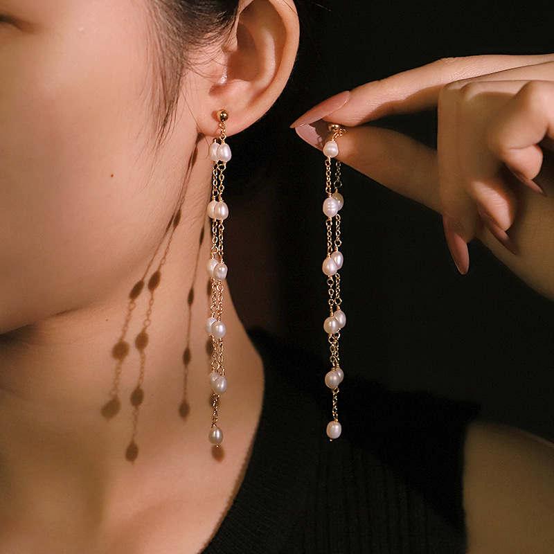 cadena de perlas naturales pendientes de bordas mujeres s925 aguja de plata aretes de aretes multifuncional chapado en oro 18k color preservación joyas de aretes al por mayor