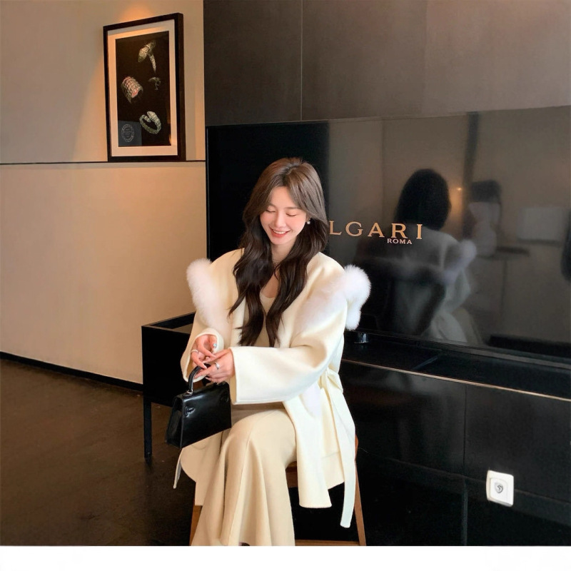 European Autumn and Winter New Style Double-Sided Wool Coat, Mid-Length Navy Collar Woolen Coat with Fox Fur Collar