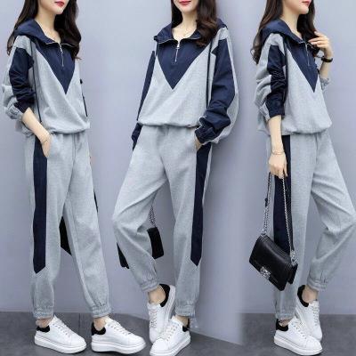 Hooded Sweater Large Size 2021 Spring Women's Splicing Casual Sports Sweater Set Fashionable New Loose Two-piece Set