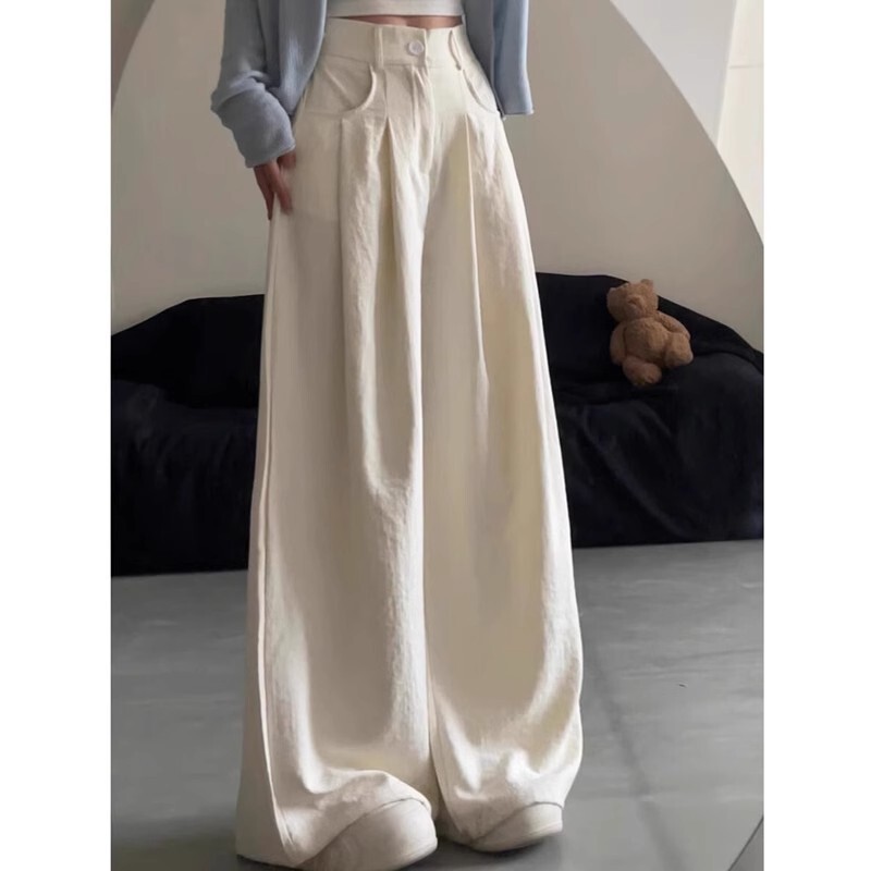 2025 Summer White Pants Women's Thin High-Waisted Loose Straight Pants Lazy and Relaxed Wide-Leg Pants