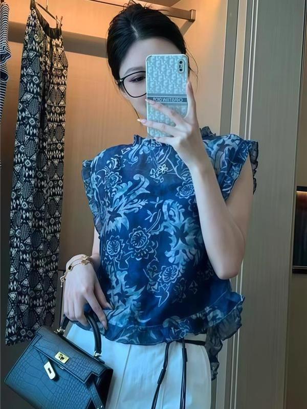 复古印花无袖背心衬衫女2025新款薄款透气小衫后背纽扣雪纺上衣夏|undefined