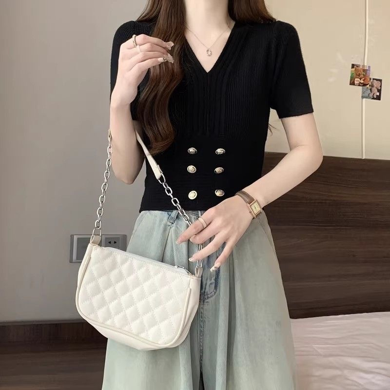 V-Ausschnitt, hohe Taille, kurzärmeliger Damen-Sommer, neuer französischer Stil, kleiner, duftender Wind, Eisseide, gestrickter Pullover_voghion.com