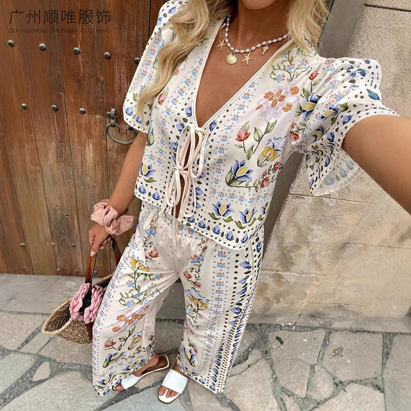 2025 AliExpress Summer European and American Women's New Elegant Elegant High Waist Printed Casual Fashion suit