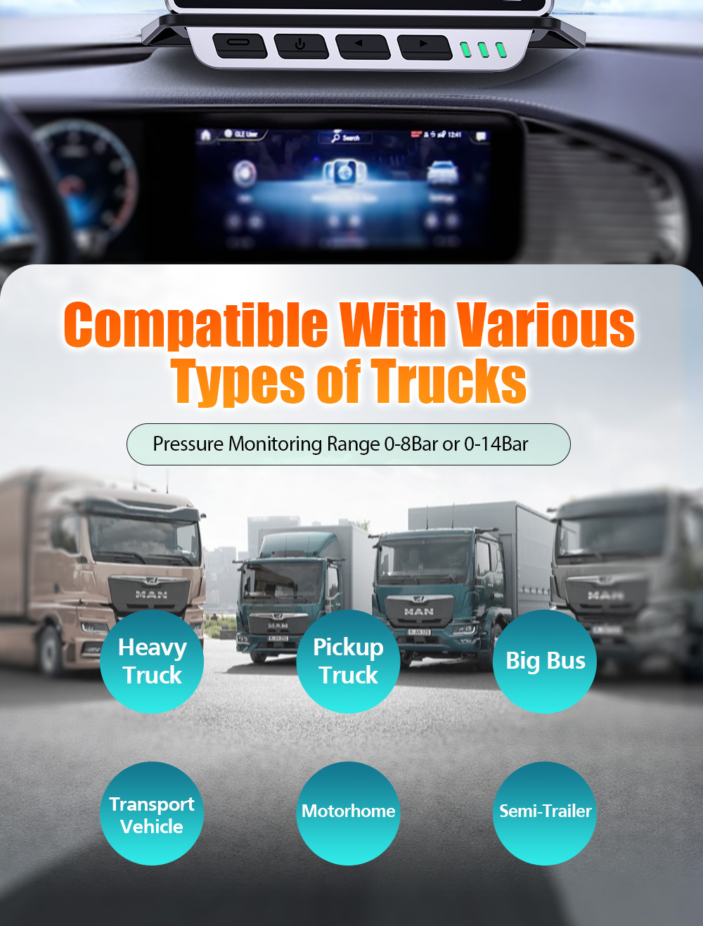 Large Truck Tire Pressure and Temperature Monitor with Large Screen Display, Multi-Wheel Simultaneous Display, Color Screen Design, Built-In and External Sensors