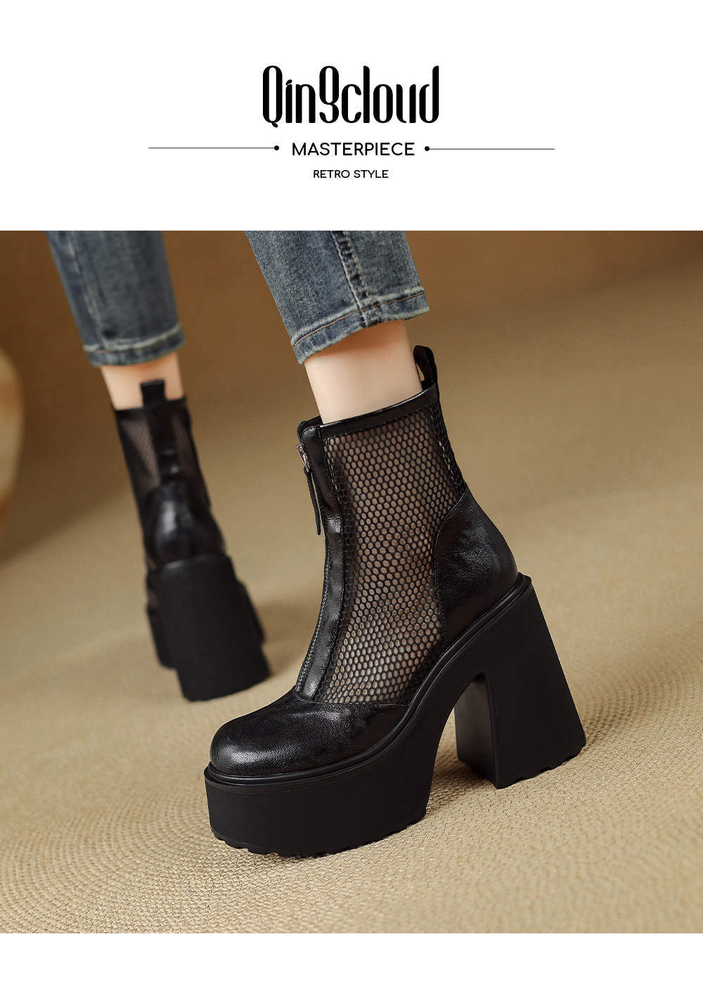 Boot nữ đế dày cao gót lưới thoáng khí kéo khóa trước phong cách combat — màu đen chi tiết 2