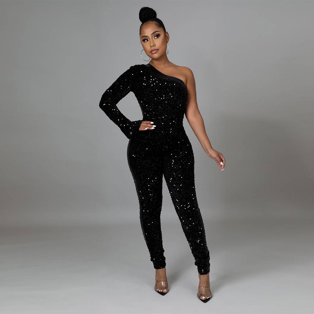 Oblique Shoulder Sequins Pu Stitching Slim Jumpsuit NSCYF112177