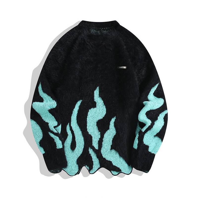 Original Autumn and Winter New Irregular Hem Design Pullover Sweater American Retro Flame Embroidered Knitwear for Men and Women