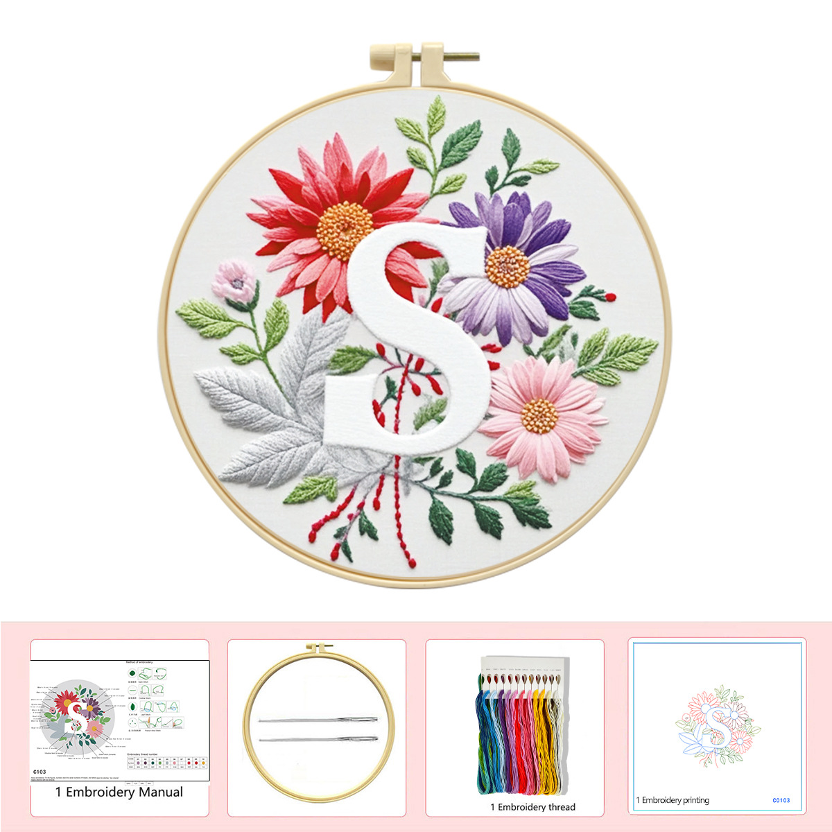 Hecho a mano flores y plantas europeas bordadas paquetes de materialdiy inglés 26 letras simple principiante nivel de bordado al por mayor