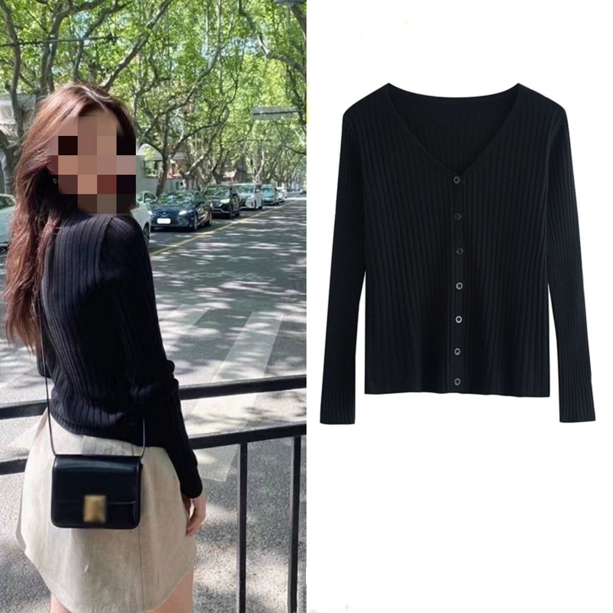 В наличии Ouyang Nana Star с приталенным тонким V-образным вырезом Черный Вязаный Кардиган с длинным рукавом Базовая рубашка Топ для женщин