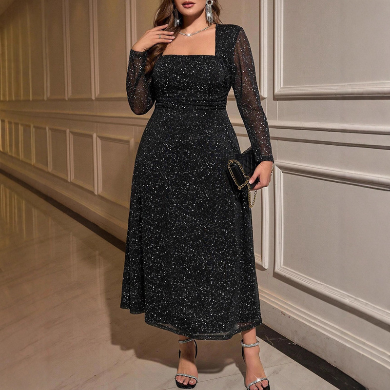 Cross-Border Amazon European and American Plus Size Women's Elegant High-End Sexy Circle Dot Sparkling Dress