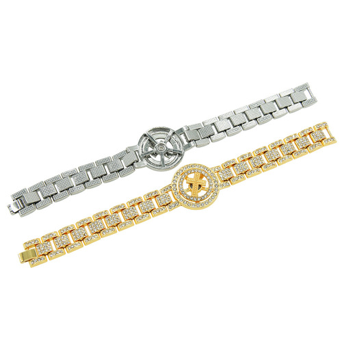 European and American-style hip-hop rotating cross watch chain bracelet, men's bold full-diamond cuff.