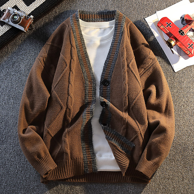 2025 otoño y invierno nuevo pequeño jacquard cornisa de moda cardigan suéter hombre moda casual versátil suelto color contrastante