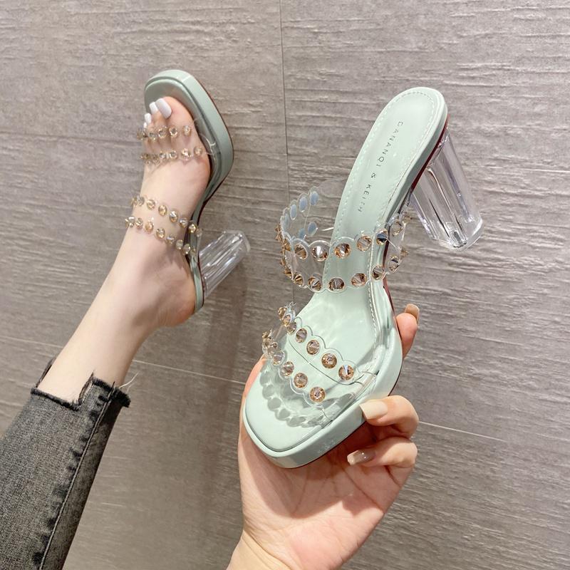 Fashionable Luxury Rhinestone Open-Toe Square-Toe Transparent Chunky Heel Slippers for Women, Summer Outdoor Platform High-Heeled Sandals 2026