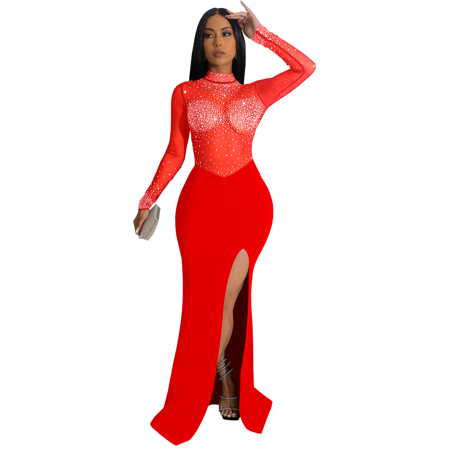 C7330 Cross-border AliExpress Amazon Ropa de mujer de moda europea y americana Vestido de malla transparente sexy con diamantes calientes image 7