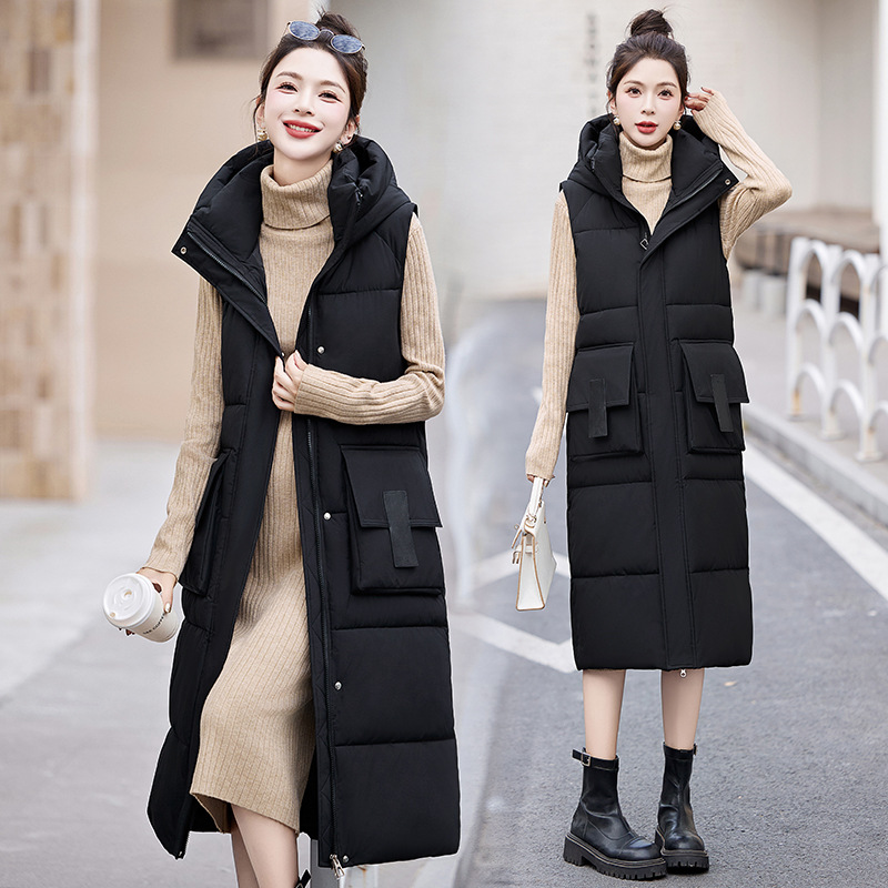 Comercio exterior otoño y invierno nuevo chaleco de algodón de pluma de mujer largo sobre la rodilla estilo coreano delgado hombro de hombro universal chaqueta de clip de caballo image 2