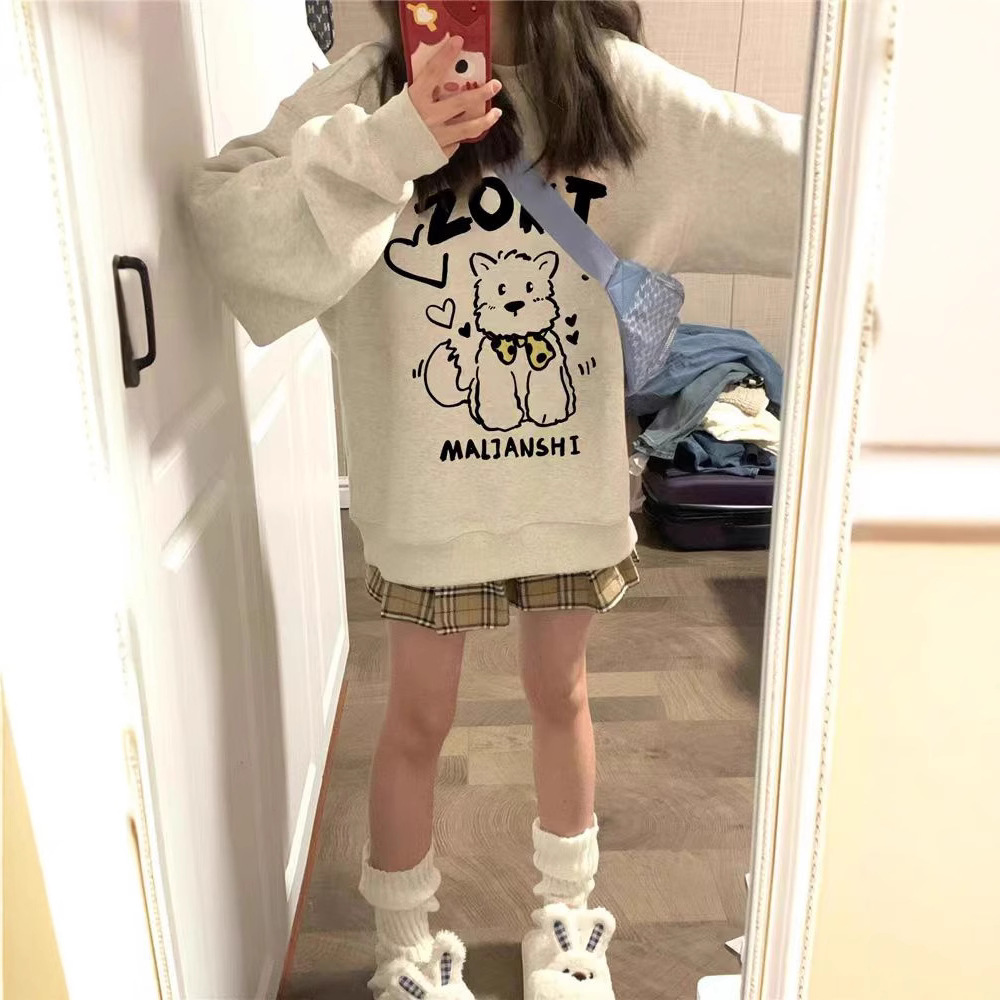 기모 두꺼운 땀 여성의 2024 가을과 겨울 새로운 일본 스타일 귀여운 인쇄 라운드 넥 긴 소매 디자인 미국 스타일 탑