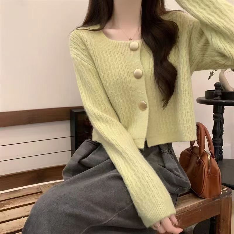 麻花毛衣外套女2025春秋新款宽松慵懒风复古短款长袖针织开衫上衣|undefined