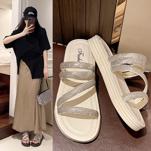 Cyber Celebrant Rhinestone Slippers Women's Outer Wear 2024 Summer New Fairy Style Two-Wear Sandals and Slippers Fashionable Thick Bottom Slippers