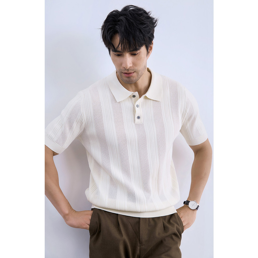 Polo camiseta de punto camiseta de manga corta hombre solapa rayas huecas viejas camisetas de negocios de verano fábrica transfronteriza al por mayor