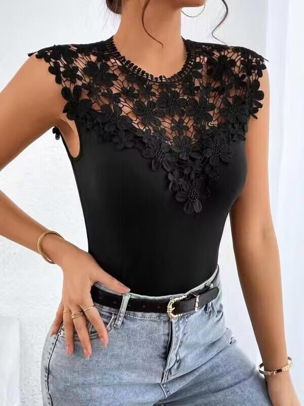 Lace elastic fitted sexy retro T-shirt with a round collar sleevless