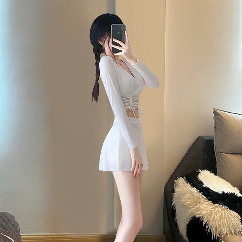 Bañador de mujer de manga larga, color sólido, cuello en V, protector solar de tres piezas, vestido conservador, delgado, abdomen pequeño, traje de baño.