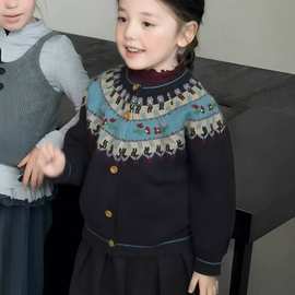 麦田季秋冬新款童装女童费尔岛毛衣儿童洋气提花针织开衫宝宝外套