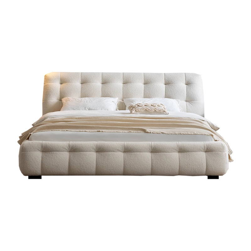 Cama de tela de malvavisco francés, estilo crema simple moderno, dormitorio principal, cama doble de lana de cordero, cama de boda de lujo ligera