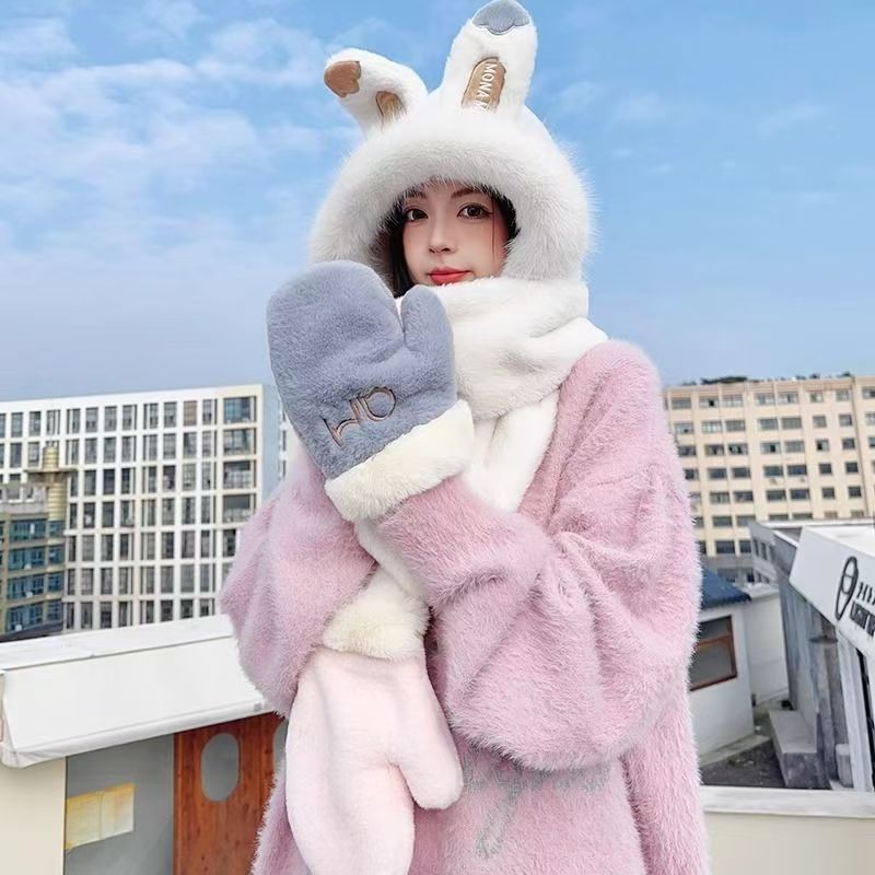 Añadir vello grueso lindos sombrero bufandas de oso en un conjunto de dos piezas para mujeres otoño y invierno nuevo buñuelo de peluche cálido con sombrero