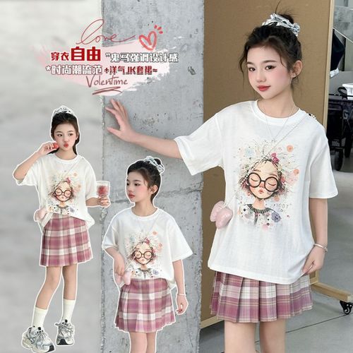 Children's clothing for older girls, 2025 girls' short-sleeve T-shirts for older children, girls' summer JK style dresses, two pieces