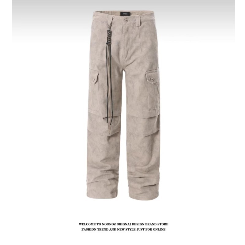 Outdoor Functional Style Solid Color Straight-Leg Jeans For Men Washed Vintage Wrinkled Feel Cargo Pants Design Sense_mkmklike.com