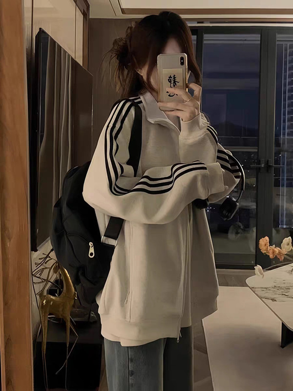 American-Style Three-Stripe Zip-Up Sweatshirt for Girls, Suitable for Autumn and Winter, Loose Fit, Fleece-Lined, Thickened Jacket for Middle and High School Students