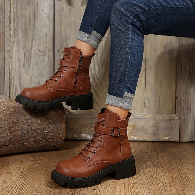 New autumn winter British style motorcycle boots thick soled belt buckle vintage ankle boots plus size_voghion.com