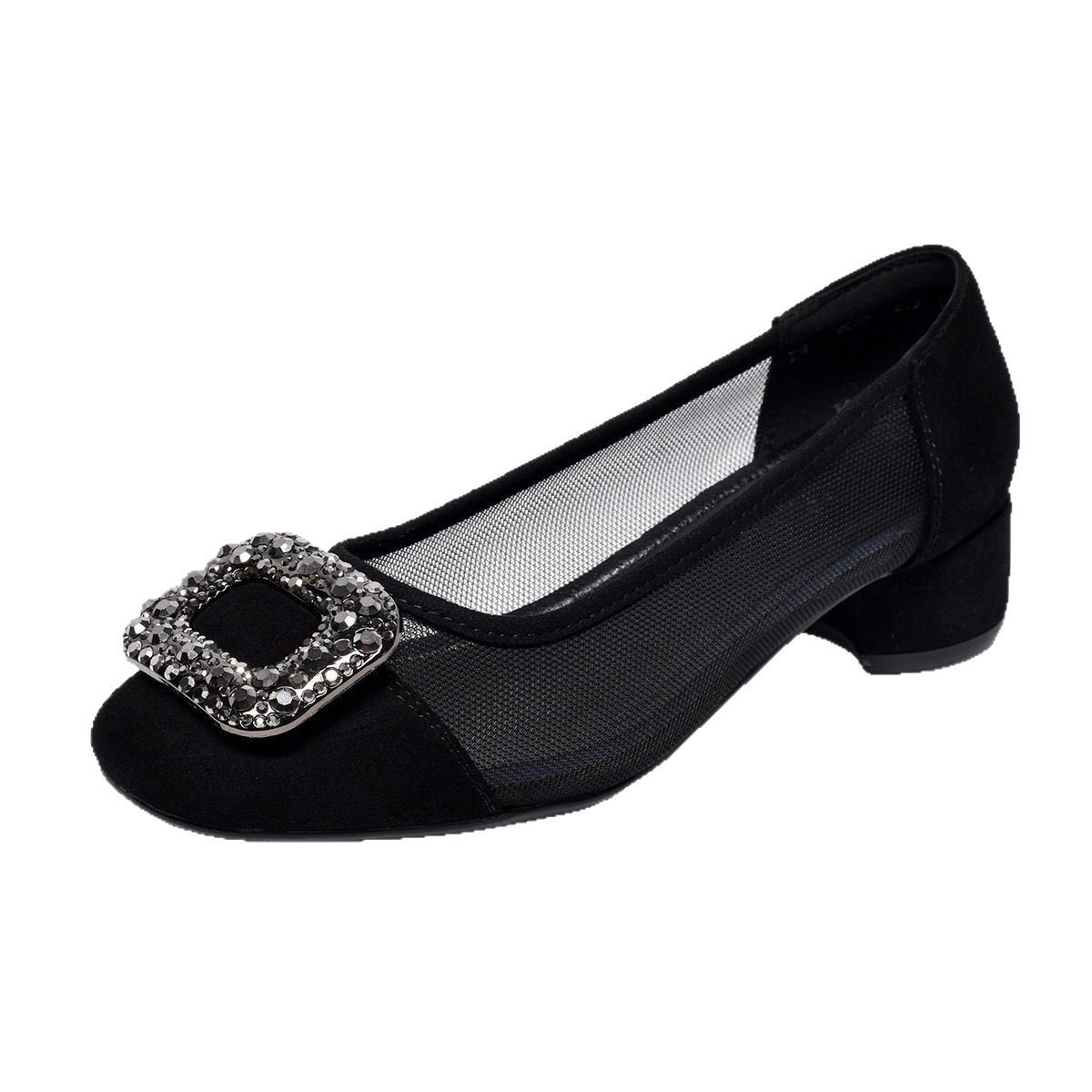 Zapatos de talón de mujer superficial verano 2026 nuevo diamante de malla hueco de talón grueso zapatos de cabeza cuadrada zapatos de madre