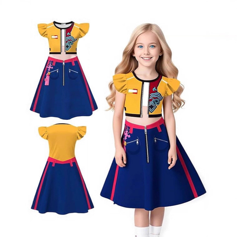 跨境新款K-POP:猎魔女团鲁米cos女童飞飞袖牛奶丝连衣裙