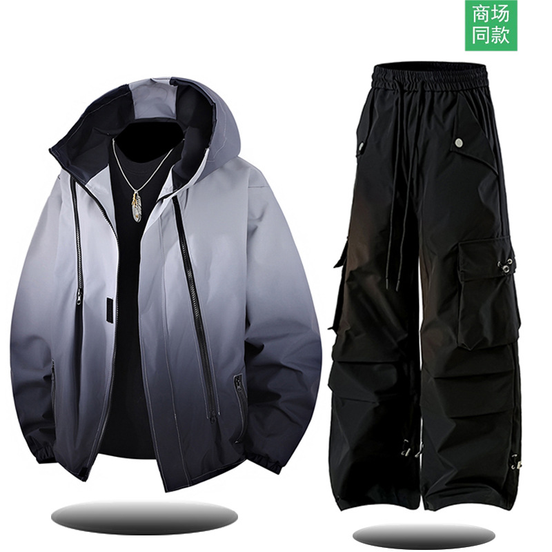 春秋季大码户外防泼水夹克工装套装男女款运动休闲冲锋衣裤两件装