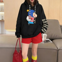 韩系卡通印花休闲宽松秋冬季新款连帽套头加绒卫衣女装慵懒风上衣