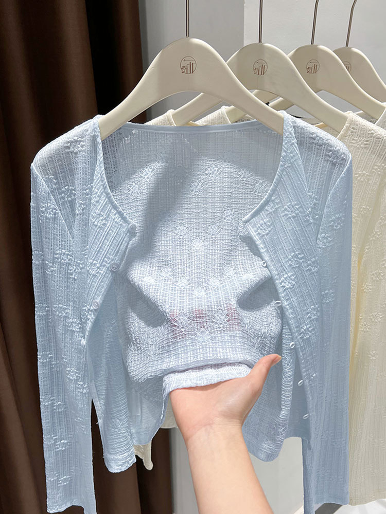 Bộ áo cardigan dệt kim lụa kết hợp váy hai dây ren chống nắng nữ — Màu xanh lam nhạt