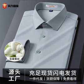 含桑蚕丝+莫代尔商务白衬衫男士长袖抗皱免烫职业工装蓝色衬衣