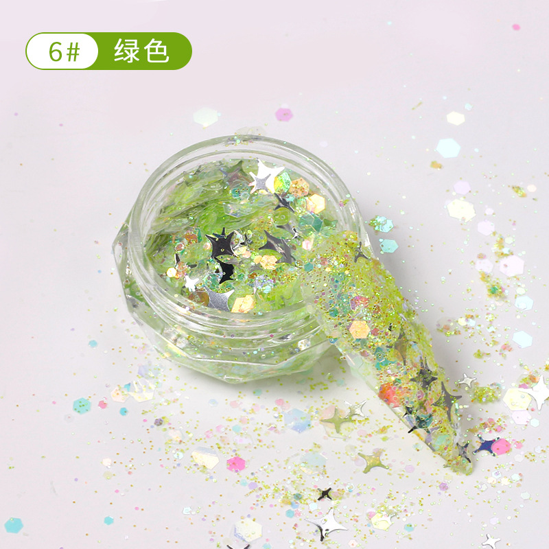 Celebridad de Internet nuevo multicolor clavo estrella flash lentejuelas tamaño mezclado láser brillo uñas lentejuelas joyería en caja