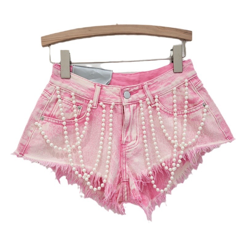 Pantalones Cortos de Mezclilla con Cuentas de Mezclilla con Bordes Deshilachados para Verano