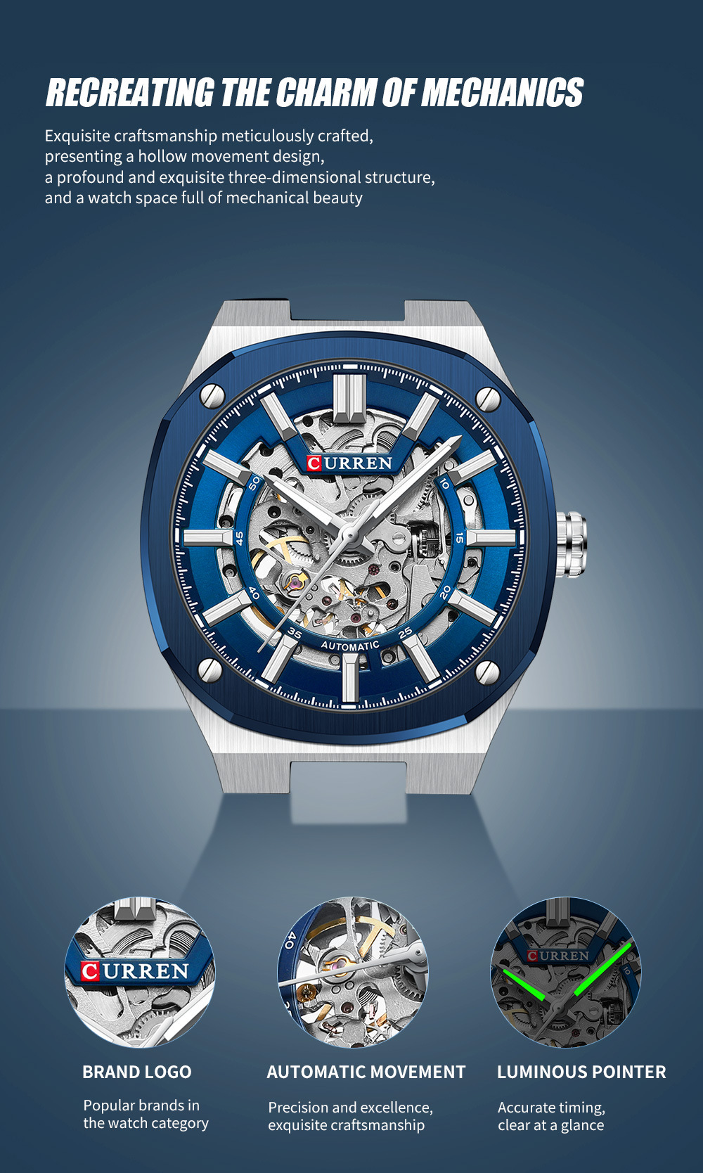 Curren Men's Automatic Skeleton Mechanical Watch Waterproof_voghion.com