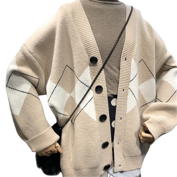 Ling karierte Pulloverjacke für Damen, Frühjahr 2024, neue koreanische Version, lockere und schlankmachende V-Ausschnitt-Strickjacke mit Knopfleiste für Damen_voghion.com