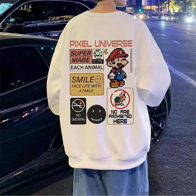 Cross-Border Foreign Trade Autumn and Winter New Cartoon Print Mario Sweatshirt for Men and Women, Round Neck, Loose Fit, Casual, Fleece-Lined, Wholesale Cross-Border Foreign Trade Autumn and Winter New Cartoon Print Mario Sweatshirt for Men and Women, Round Neck, Loose Fit, Casual, Fleece-Lined, Wholesale
