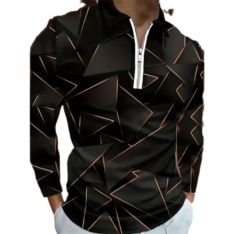 2024 venta caliente patrón de metal geométrico estampado 3D hombre calle alta manga larga hombro ancho cremallera suelta camisa POLO