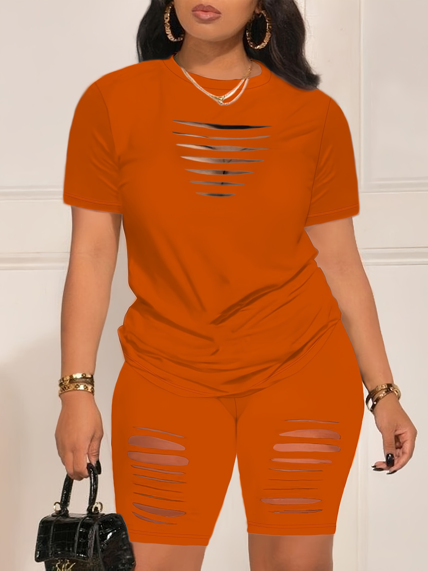 Women's Summer Sexy Hollow Out T-Shirt And Shorts Set Sleeveless V-Neck Outfit For Casual Comfortable Wear_ecoleips.com