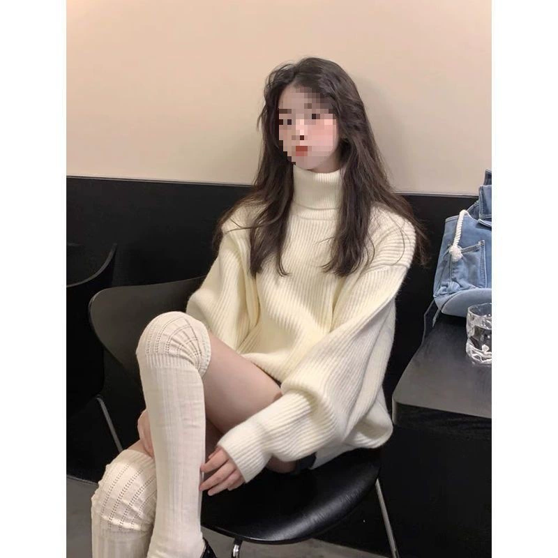 Высокий водолазка белый свитер женский осенью и зимой 2024 новый маленький ленивый ветер толстый свитер пуловер топ