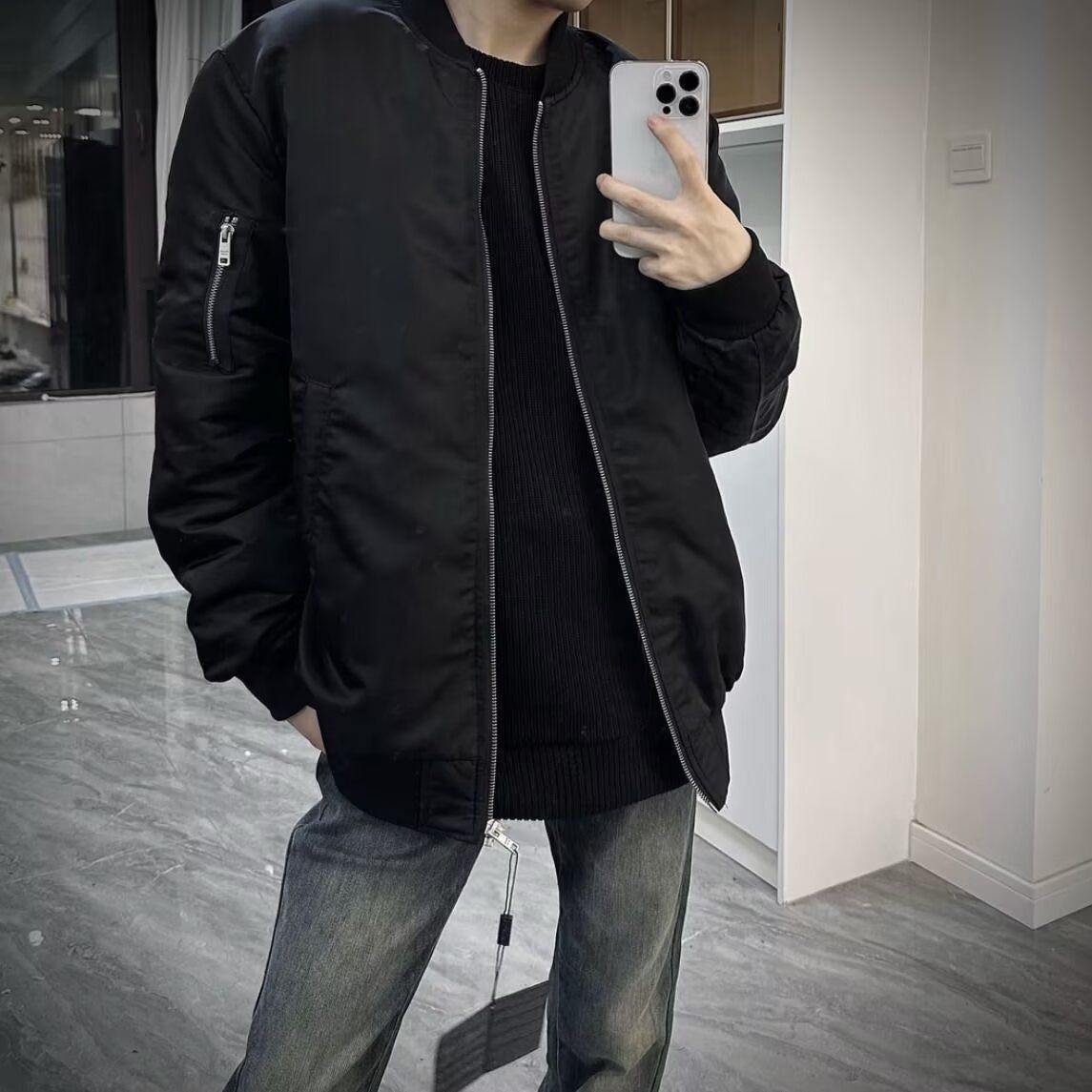 拉链棒球领长袖美式飞行员棒球外套男宽松潮牌休闲情侣款机车夹克