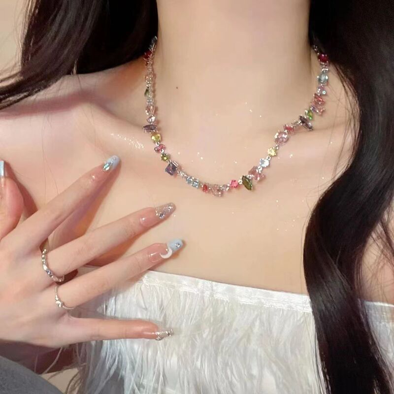 Sweet candy color crystal Zircon necklace contrast color diamond-embedded rainbow necklace clavicle chain high-grade clavicle chain Sweet candy color crystal Zircon necklace contrast color diamond-embedded rainbow necklace clavicle chain high-grade clavicle chain