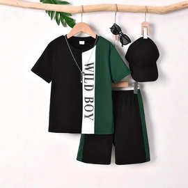 现货 2025跨境欧美Wild Boy运动大童套装3D印花短袖五分裤两件套